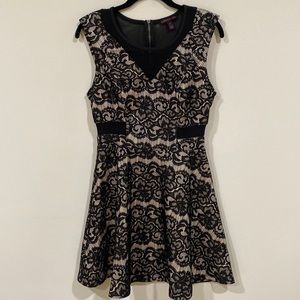 Material Girl nude tone dress with black lace overlay